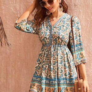 Shein Drawstring Waist Floral A-Line Dress